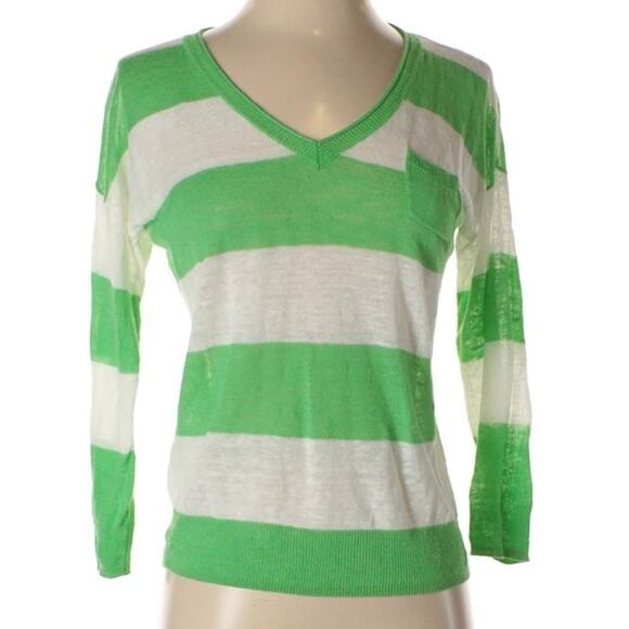 Nordstrom Caslon Linen Blend Green & White Striped Lightweight Vneck Sweater XS - Picture 1 of 8